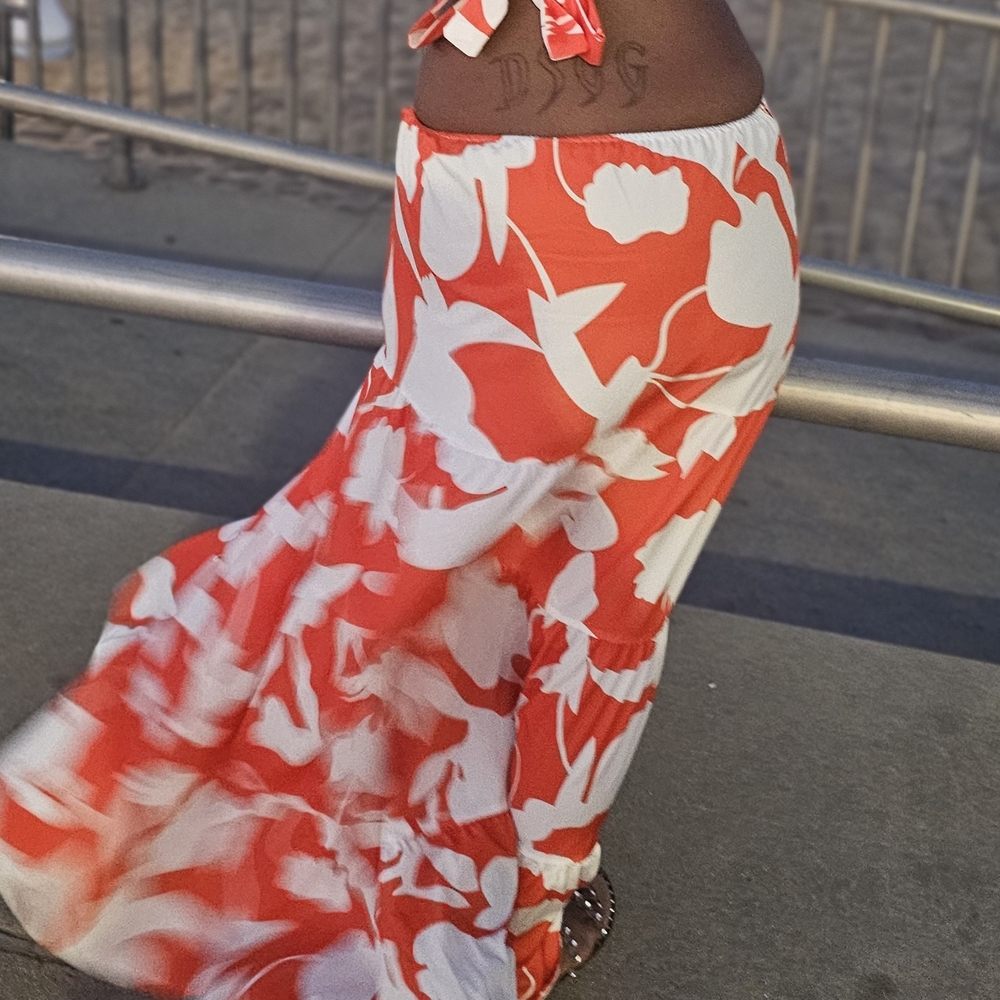 Floral Orange and White Maxi Skirt